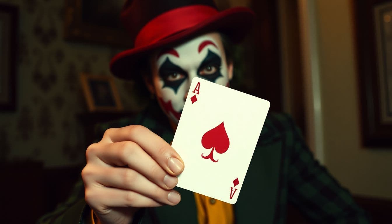 AI generated: A vintage color photo of the JoKeR holding up an Ace playing card, 35mm photography in the style of ...