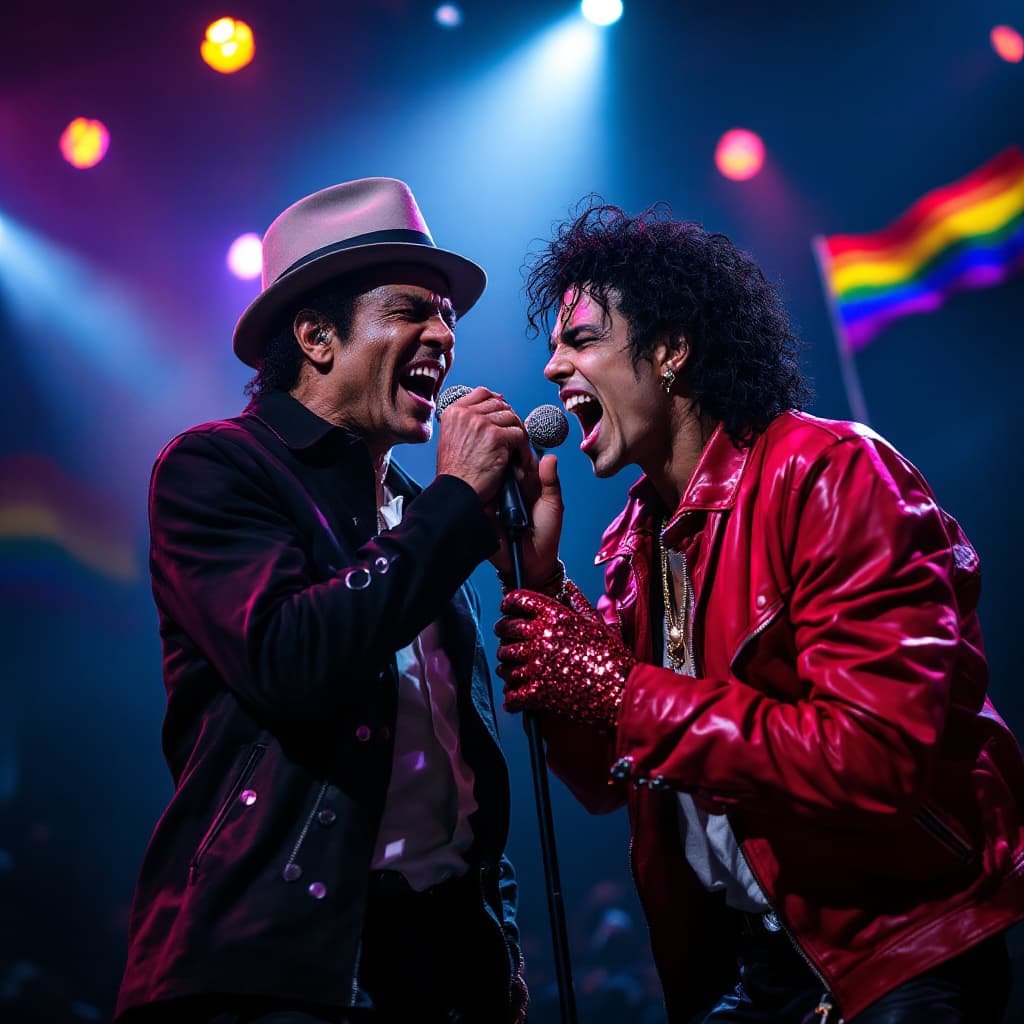 AI generated: Two young, slender male musicians resembling the youthful energy of Lionel Richie and Michael Jackso...