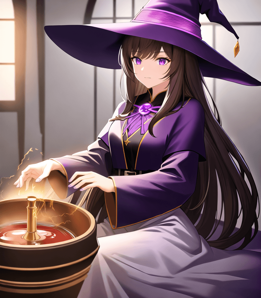 AI generated: (perfect anime illustration), 1girl, long brown hair, dark brown, wavy hair, ((witch, indoors, scary...