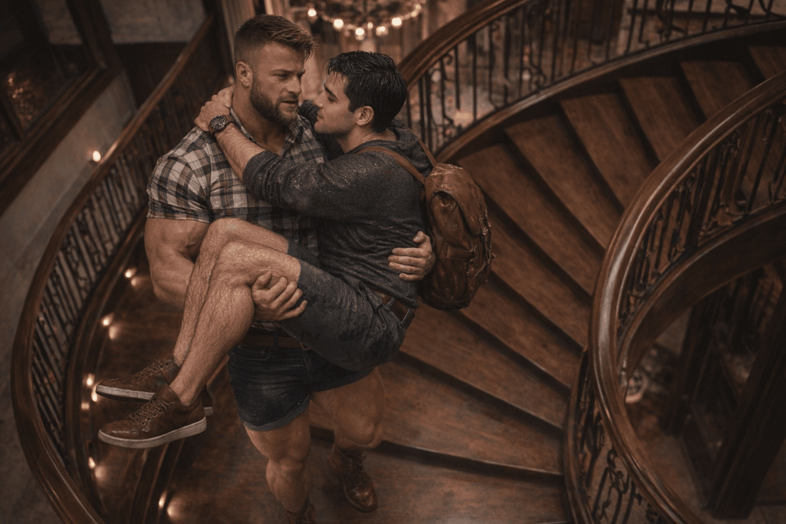 AI generated: At night. The bodybuilder is tall. The bodybuilder is going upstairs at a beautiful and elegant hous...