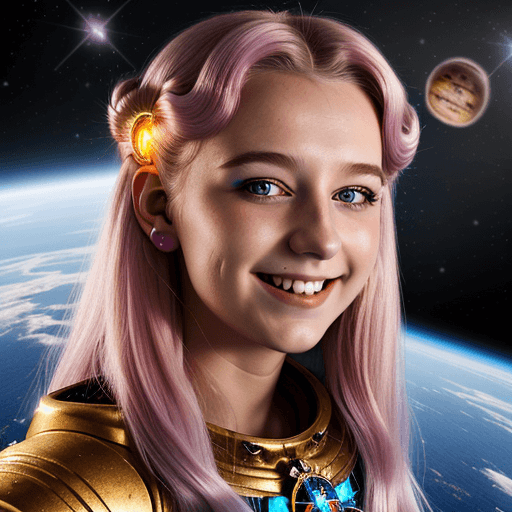 AI generated: junge smiling prinzessin des lichts, weiße kurze Haare, fantasy, gesichtstatto, space, 8k, lichtmagi...