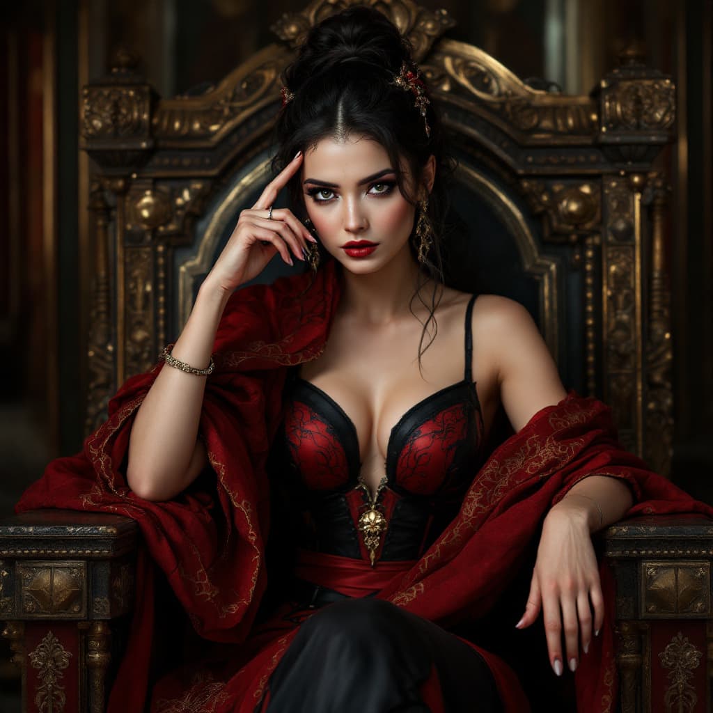 AI generated: a woman sitting on a throne in a red and black outfit, her right hand is raised to her temple and he...
