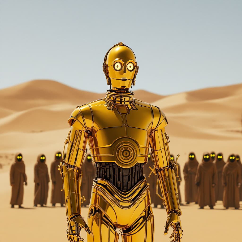 AI generated: "C-3PO, the golden humanoid protocol droid from Star Wars, stands in the middle of the vast Tatooine...