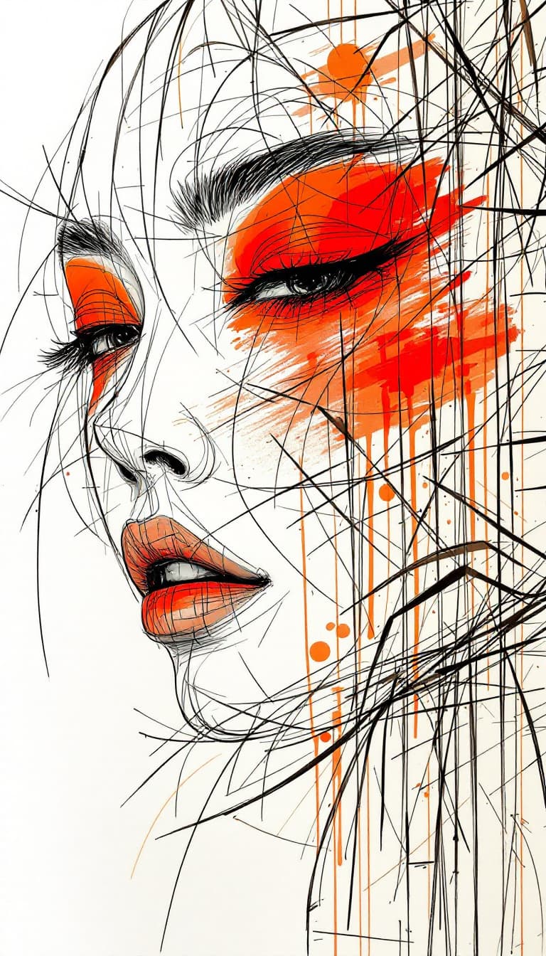 AI generated: A minimalist drawing captures the essence of a Japanese woman's face with red eyeshadow, rendered in...