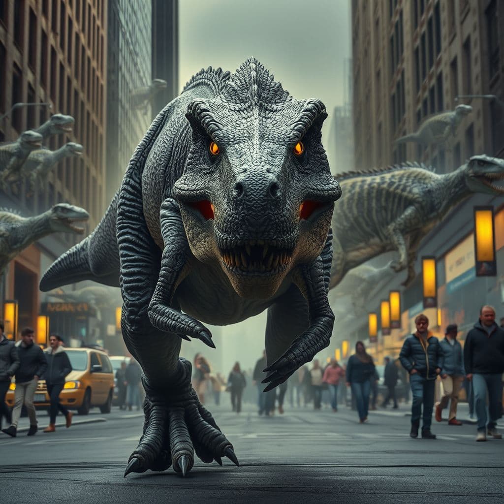AI generated: Eyes glowing with prehistoric vengeance, surrounded by ghosts of fallen T. rexes. Every step it take...