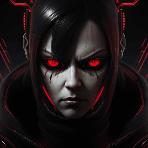 AI generated: High resolution 3d character face, menacing face, red eyes, cyberpunk wallpaper, 