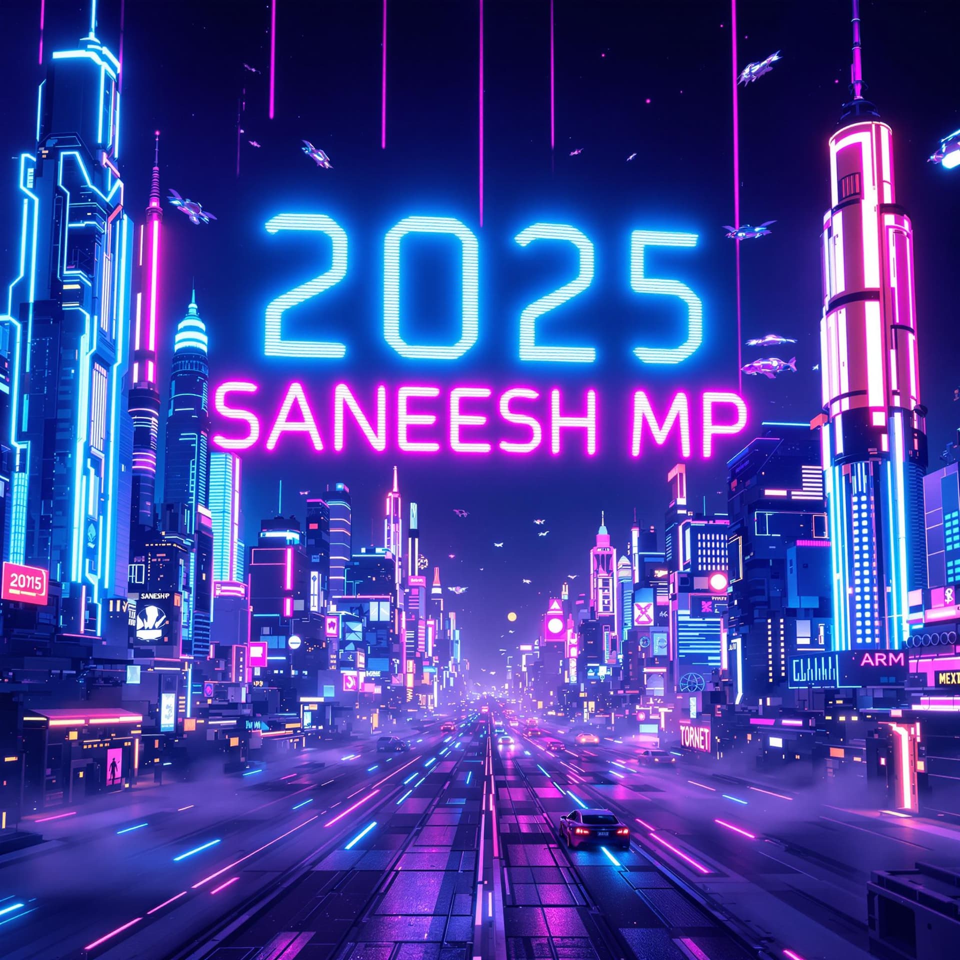 AI generated: A futuristic digital cityscape where the text '2025 SANEESH MP' appears as holographic letters proje...