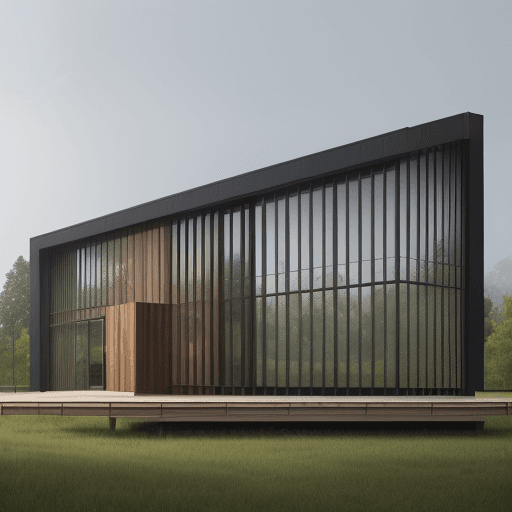 AI generated: photorealistic, canon EOS 5d, wood exterior,minimalistic two story museum building in a serene rural...