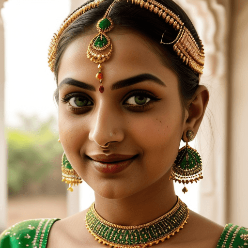 AI generated: A front-facing close-up shot of a beautiful woman with striking green eyes, adorned in traditional R...