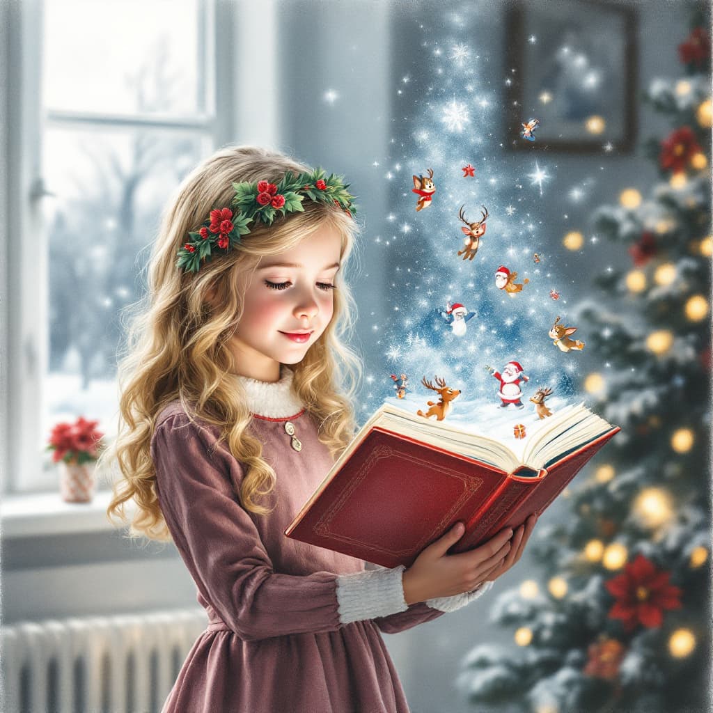 AI generated: Charcoal and pastel drawing. A 10-year-old girl with blonde curls. She is wearing a Christmas dress ...