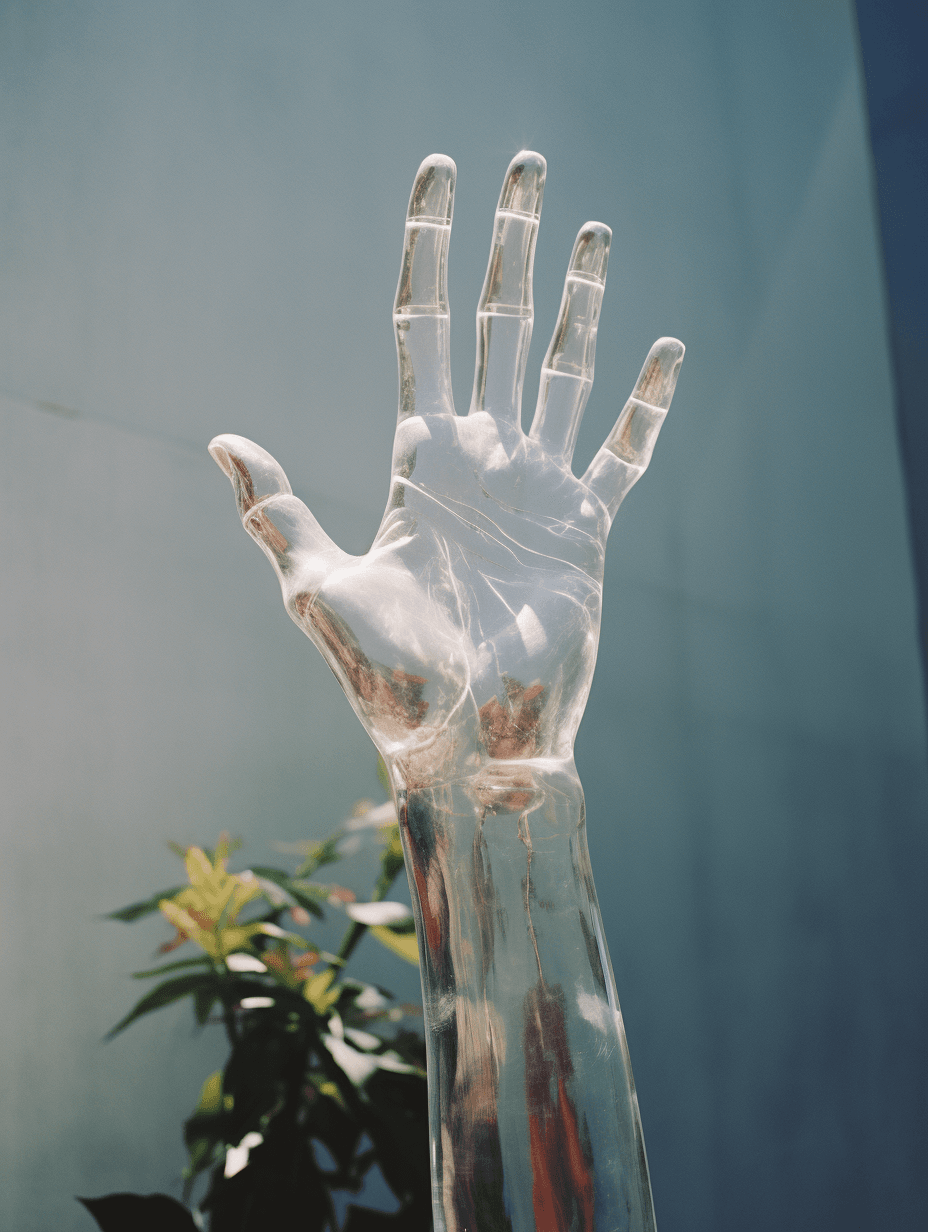 AI generated: disposable photography of a hand statue with is made of glass, 8k, photo realism, --ar 3:4
