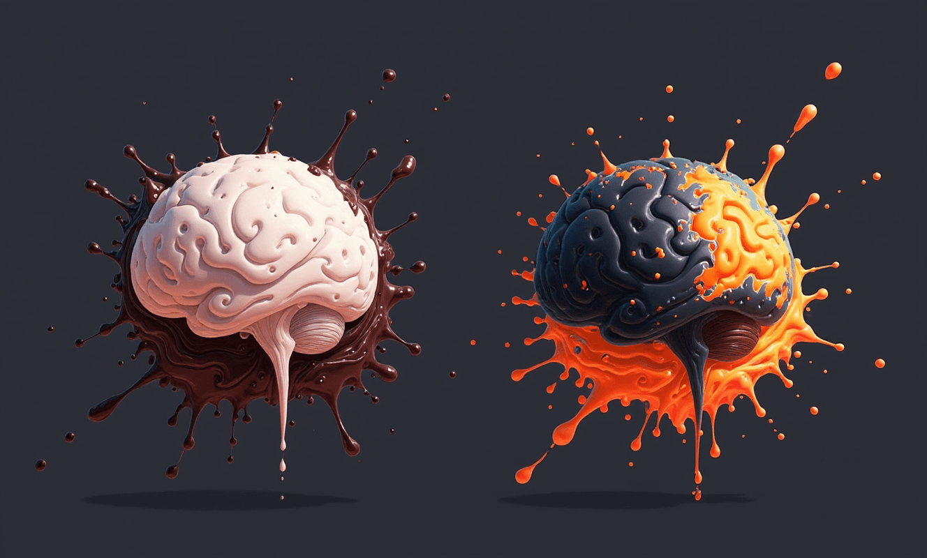 AI generated: A creative and thought-provoking visual of two brains, one white with dark brown liquid flowing arou...