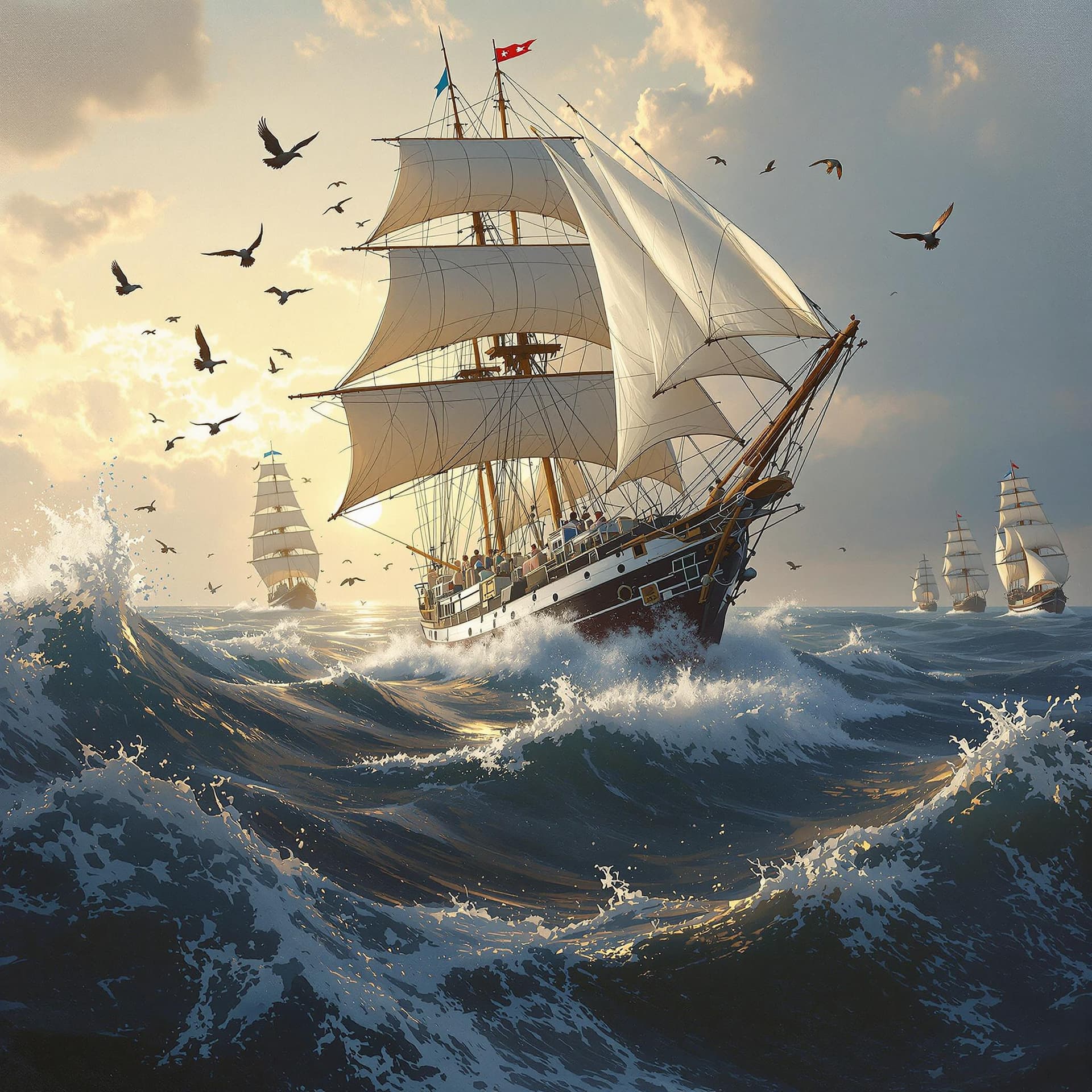 AI generated: Oil painting of an ultra-realistic racing yacth 2025, dramatic light, pale sunrise, windy, rough sea...