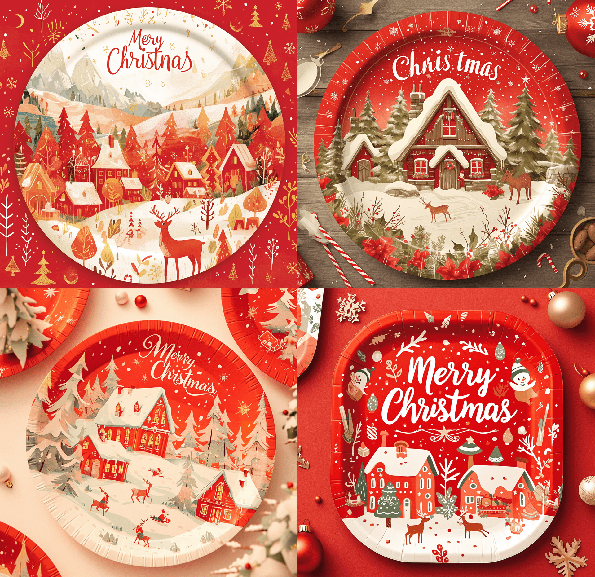 AI generated: Oval paper plates with a Christmas themed design featuring a snowcovered village and reindeer, with ...