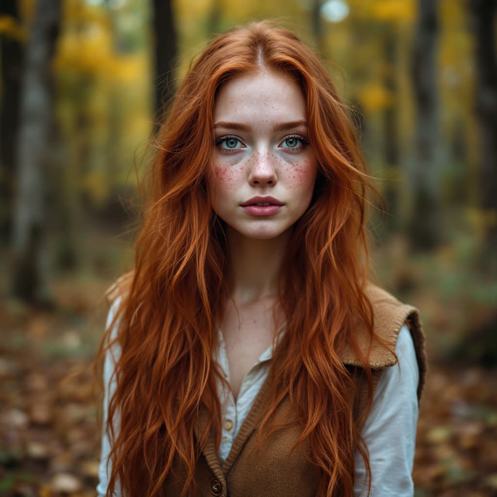 AI generated: 20 year old redhead girl, long red hair, stunning green eyes, freckles. wearing vest and standing in...