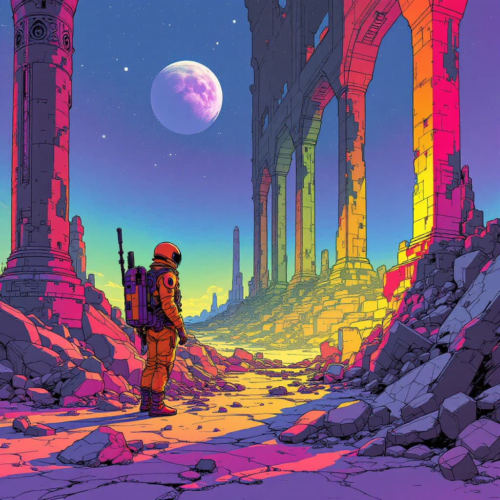 AI generated: by moebius, a space soldier in a ruin colorful, pixelated, purple, azure, yellow, orange, saturated ...