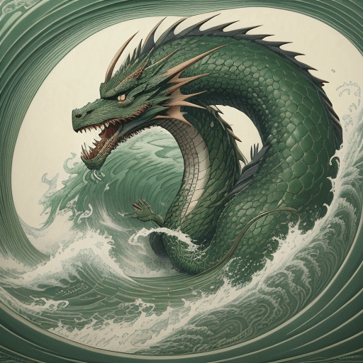 AI generated: green dragon in the waves art print, in the style of kōji morimoto, neo-traditional japanese, john b...