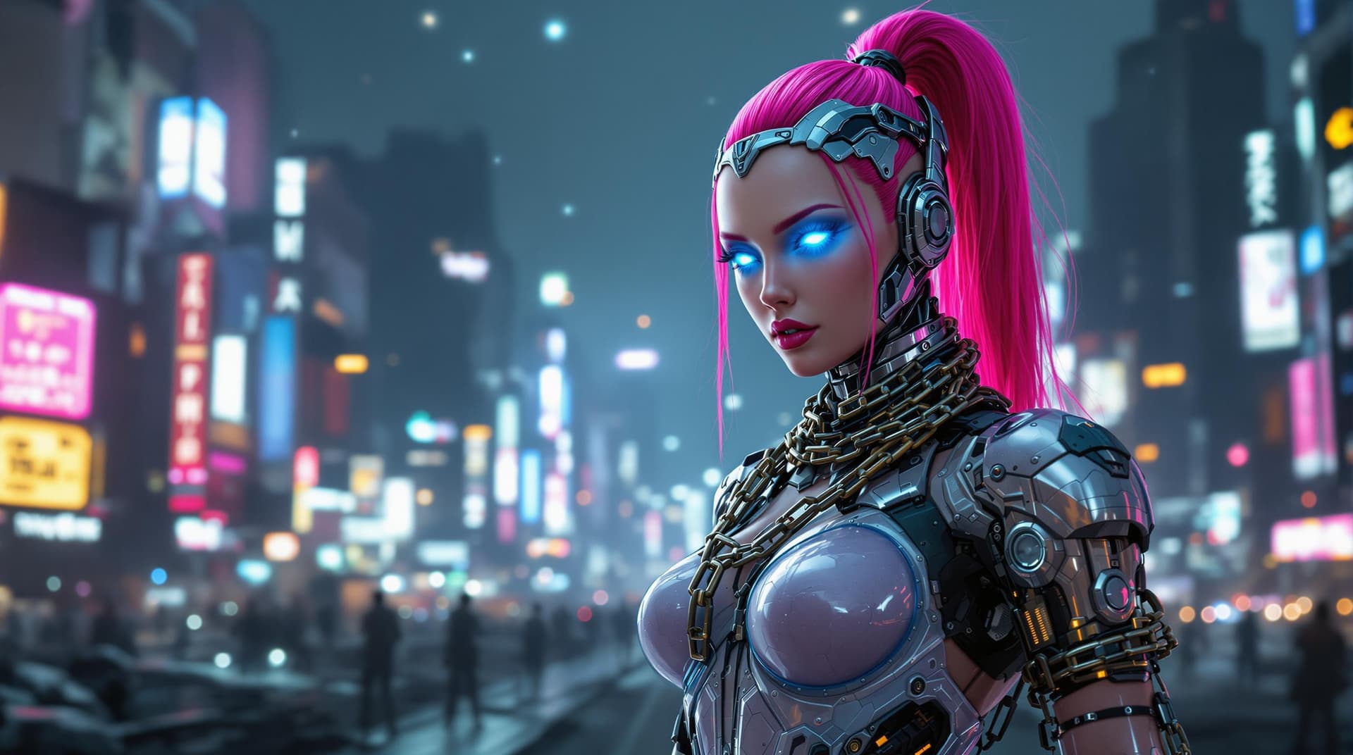 AI generated: Ultra- realistic image. In the foreground, depict a semi- cybernetic woman with bright pink hair. He...