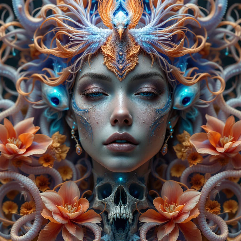 AI generated: Goddess close-up portrait ribcagel. jellyfish phoenix head, nautilus, orchid, skull, betta fish, bio...