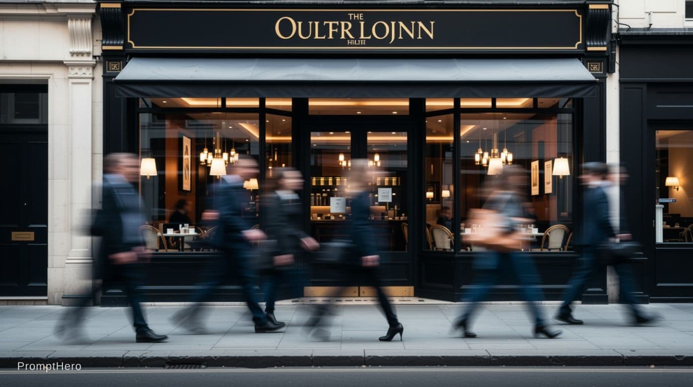 AI generated: Cinematic street photography, blurred pedestrians walking past a stylish restaurant facade, strong m...