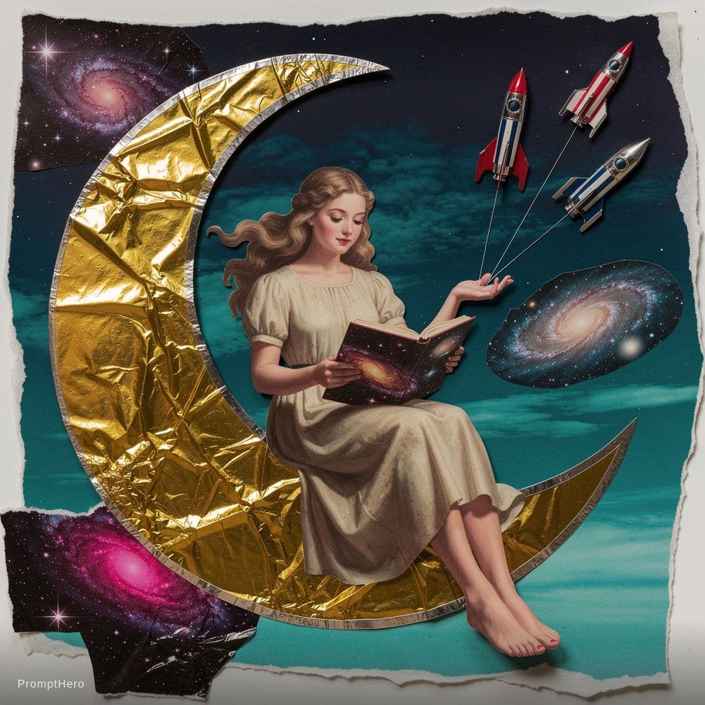 AI generated: "A surrealist collage featuring a giantess sitting on a crescent moon that looks like a gold foil st...