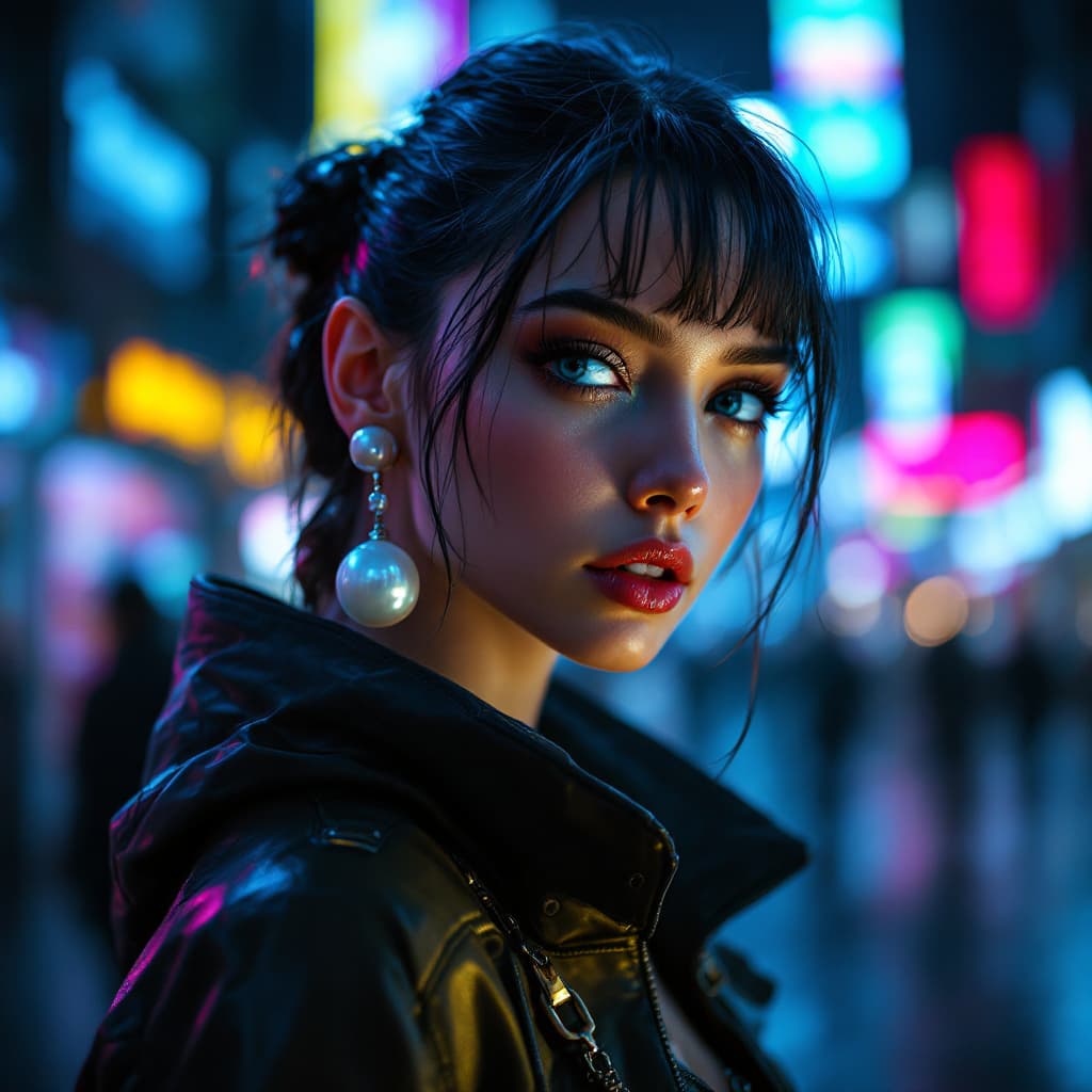 AI generated: girl with the pearl earring, wearing cyberpunk outfit, bulky high tech earring, looking at viewer, d...