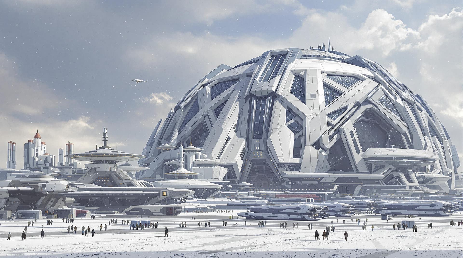 AI generated: A large spaceport with many spaceships parked, people walking around the area. In front of it is an ...