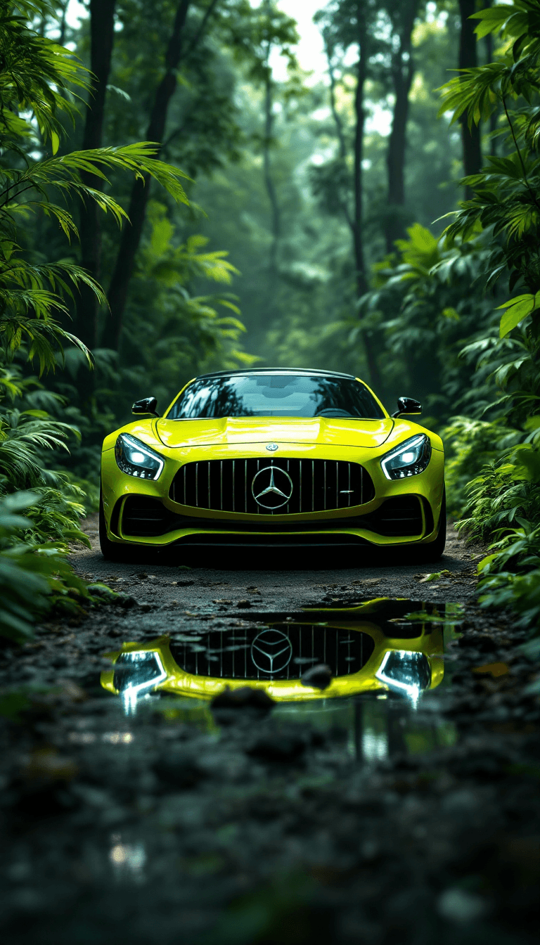 AI generated: High automotive symmetrical close-up portrait shoot of a neon yellow mercedes-amg GT standing in the...