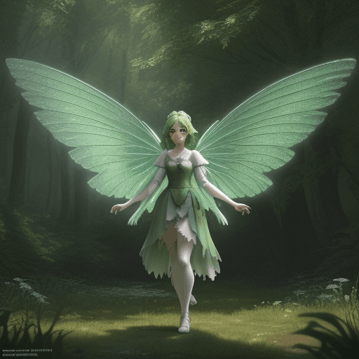 AI generated: illustration of a green short fairy, whit two beautiful wings, medieval clotes, forest background, f...