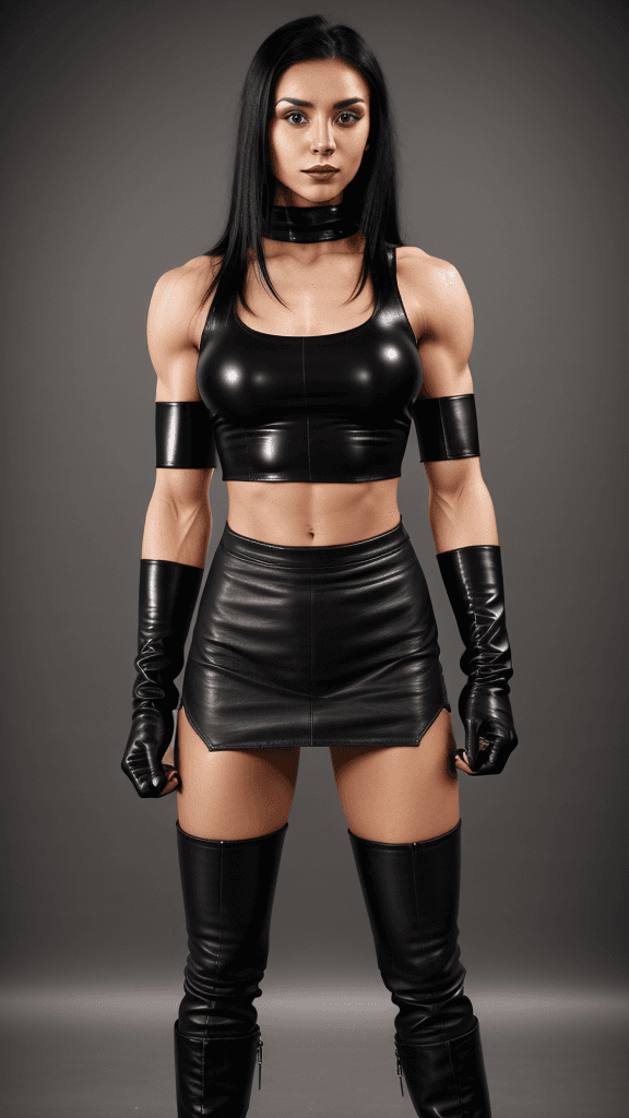 AI generated: 20 year old strong muscular woman, toned biceps, long black hair, wears black Leather skirt, black L...