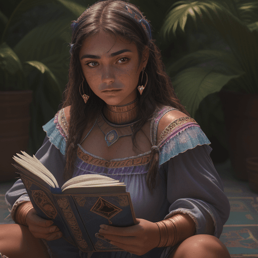 AI generated: 20 year old latina girl, dressed like gipsy, reading tarot cards, face closeup, sit on a mistic room...