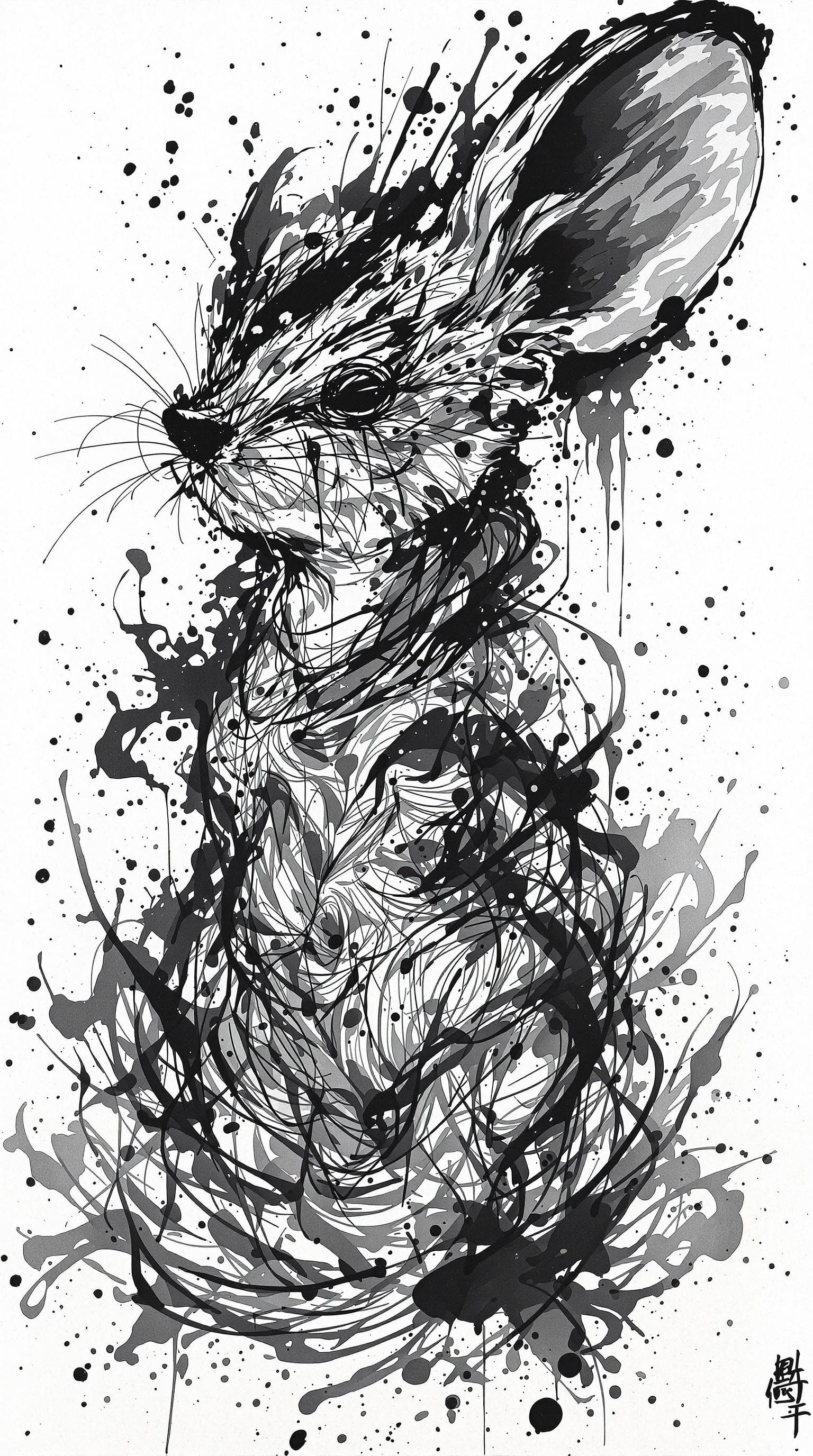 AI generated: Mouse, detailed,ink style,Ink splash art on the background,ink style,The whole is on the right，Ink w...