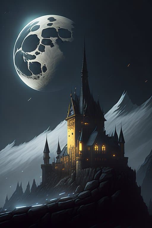 AI generated: black majestic fantasy fortress under a pale moon engulfed in arcane fog trails in the style of marc...
