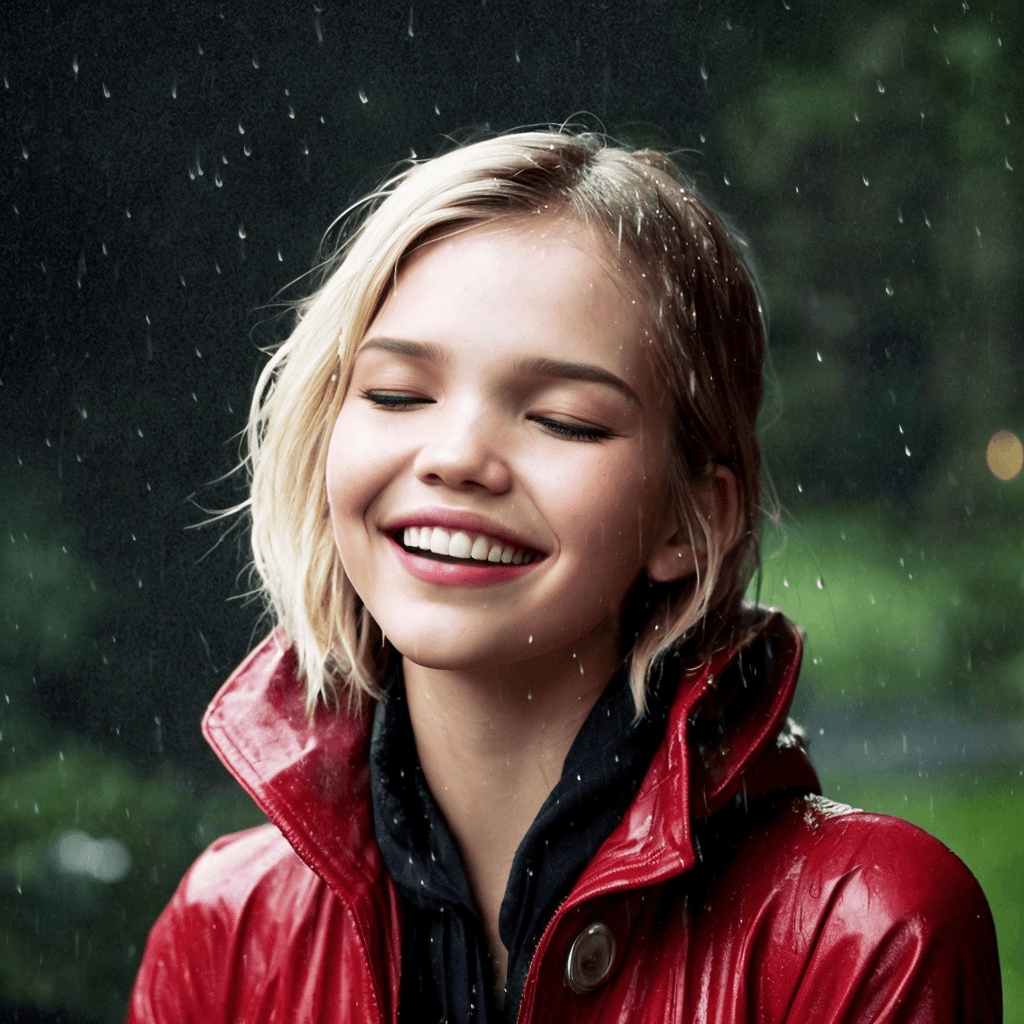 AI generated: sasha luss cute smile laugh ,closed eyes,outdoor photo of a hard rain, rain drops falling, wet overc...