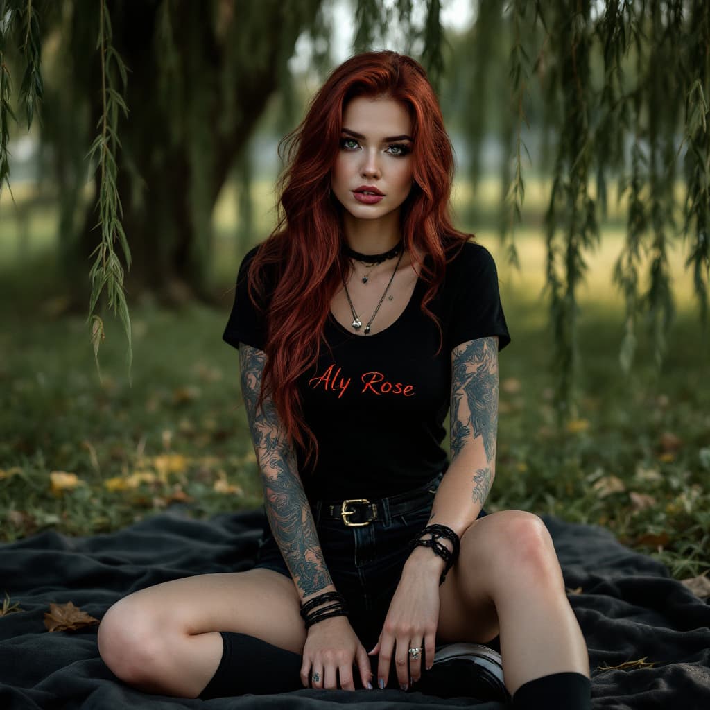 AI generated: A gorgeous 28yr old modern tattooed Caucasian woman, very long cascading professionally styled dark ...