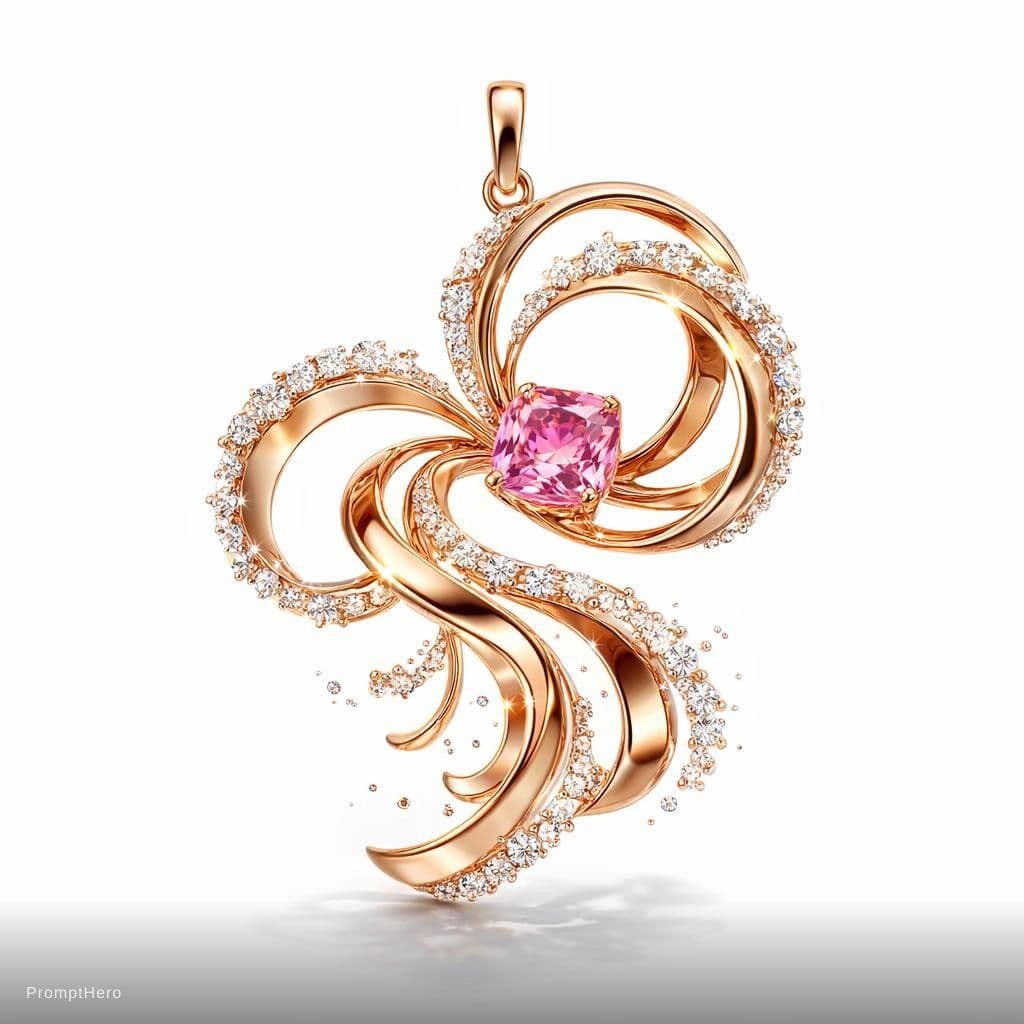 AI generated: Luxury jewelry pendant design inspired by joyful spinning and jumping motion. Abstract flowing spira...