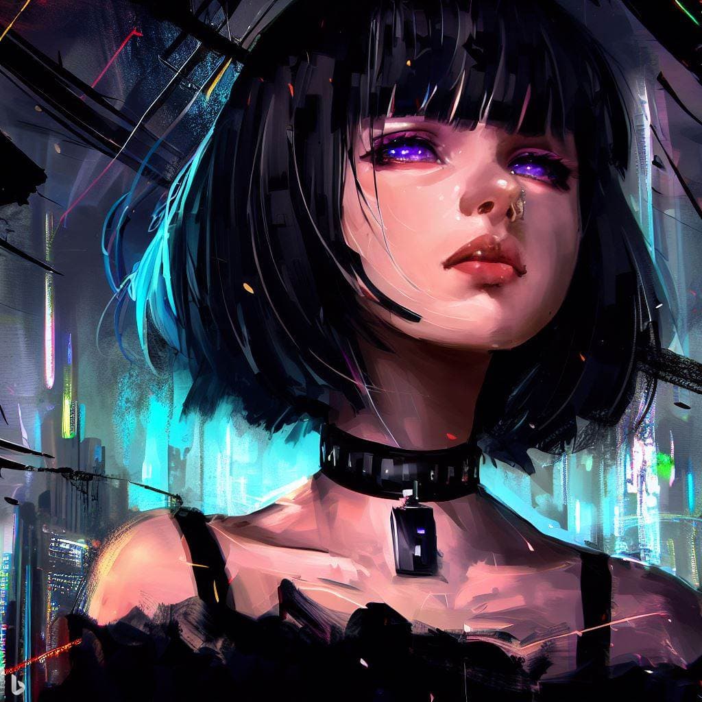 AI generated: masterpiece, best quality, highres, black hair, bob cut hair, 1girl, solo, looking at viewer, cyberp...