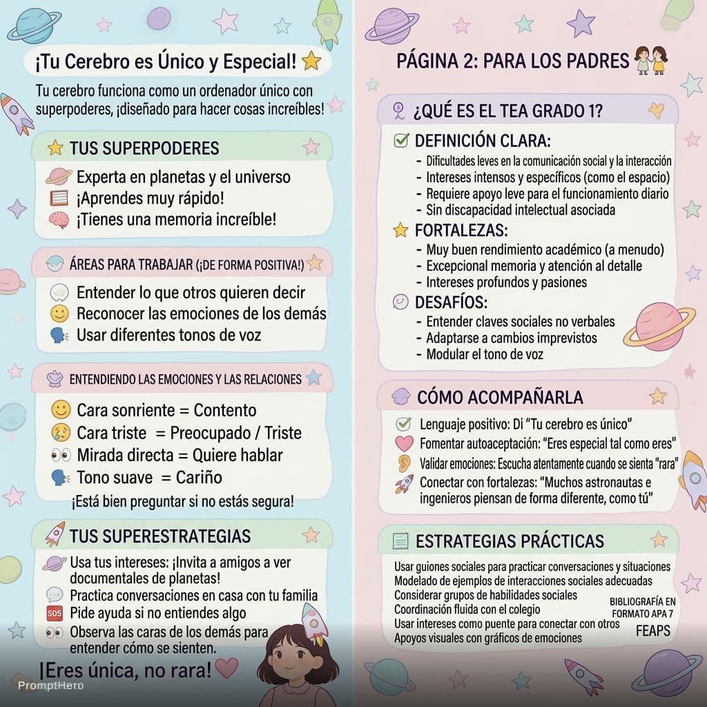 AI generated: "Crea una infografía educativa de 2 páginas sobre Trastorno del Espectro Autista (TEA) Grado 1 con l...