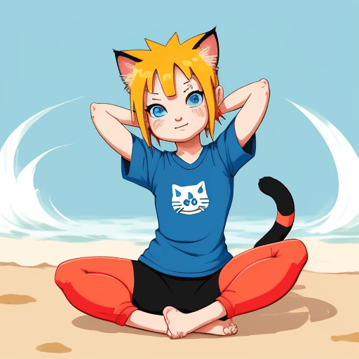 AI generated: T-shirt design logo, cute small cat Naruto doing yoga on the beach, Prokaryotic, with chilis, colorf...