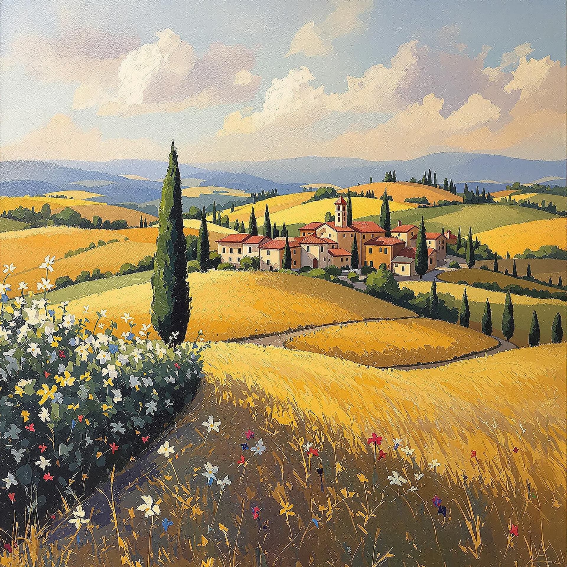 AI generated: impressionist painting on canvas of Tuscany, beautiful landscape with Tuscan farmhouse, in the style...