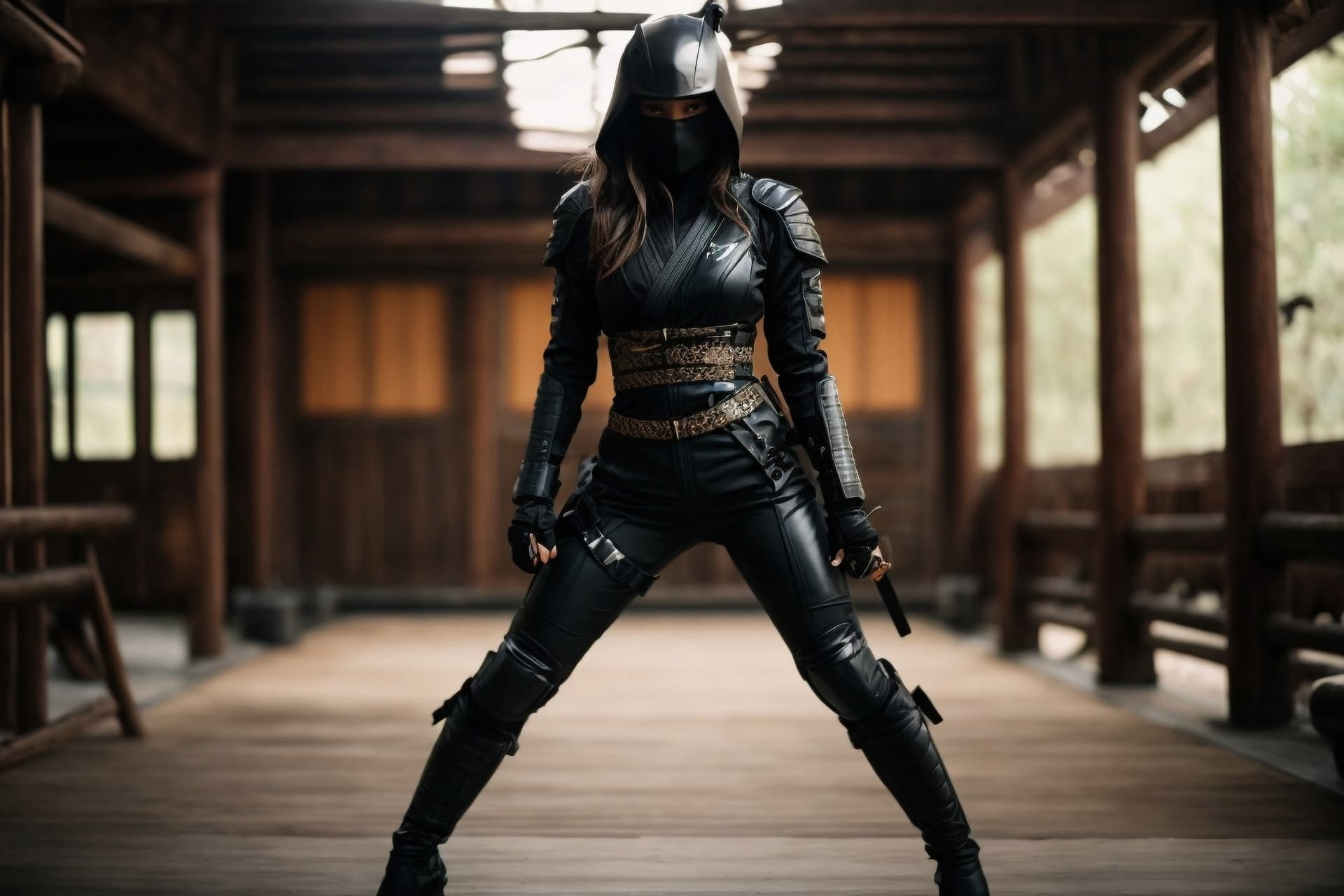 AI generated: A fierce female ninja, clad in an ultra tight catsuit, her long legs perfectly sculpted, stands read...