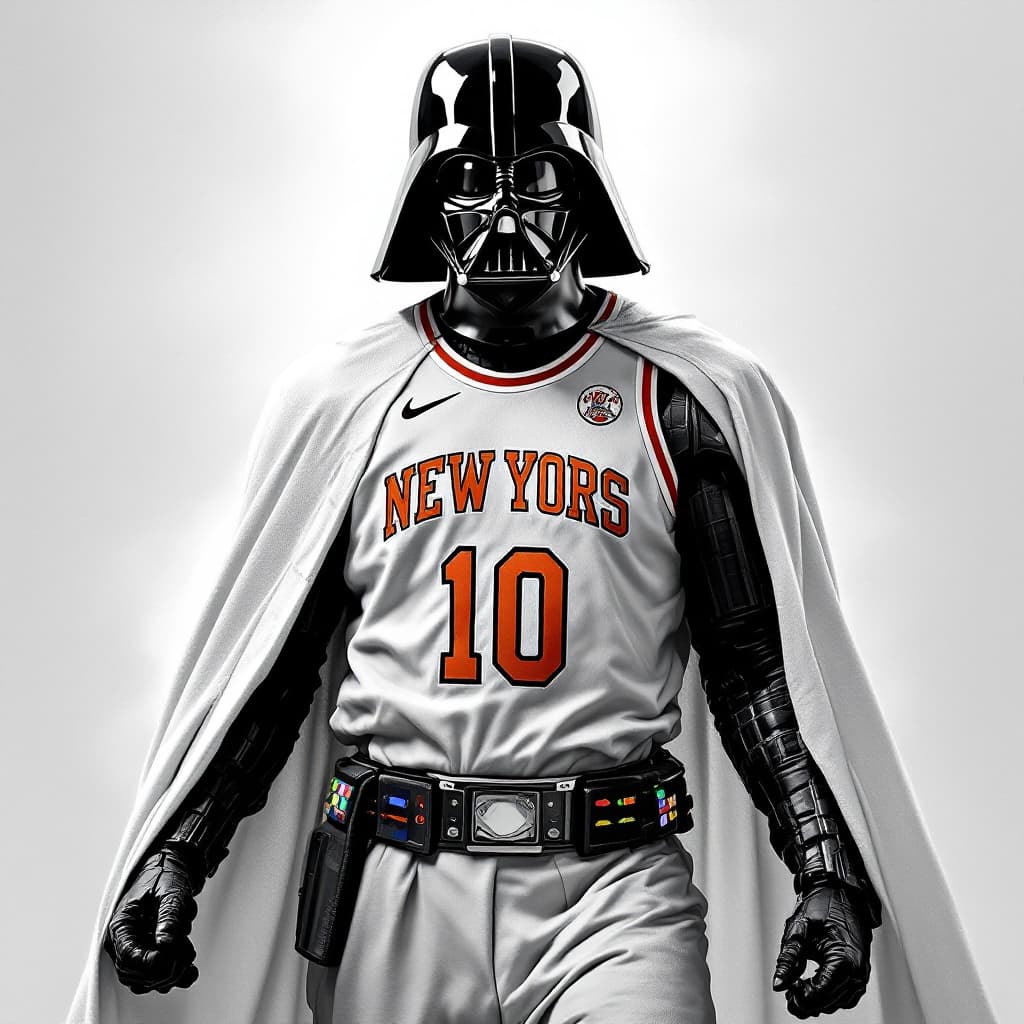 AI generated: Darth Vader, NY Knicks jersey, white robe black and white