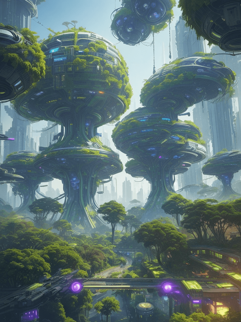AI generated: a view of a city with a lot of trees and bushes, garden, a lot of flying orbs , future city, in fant...