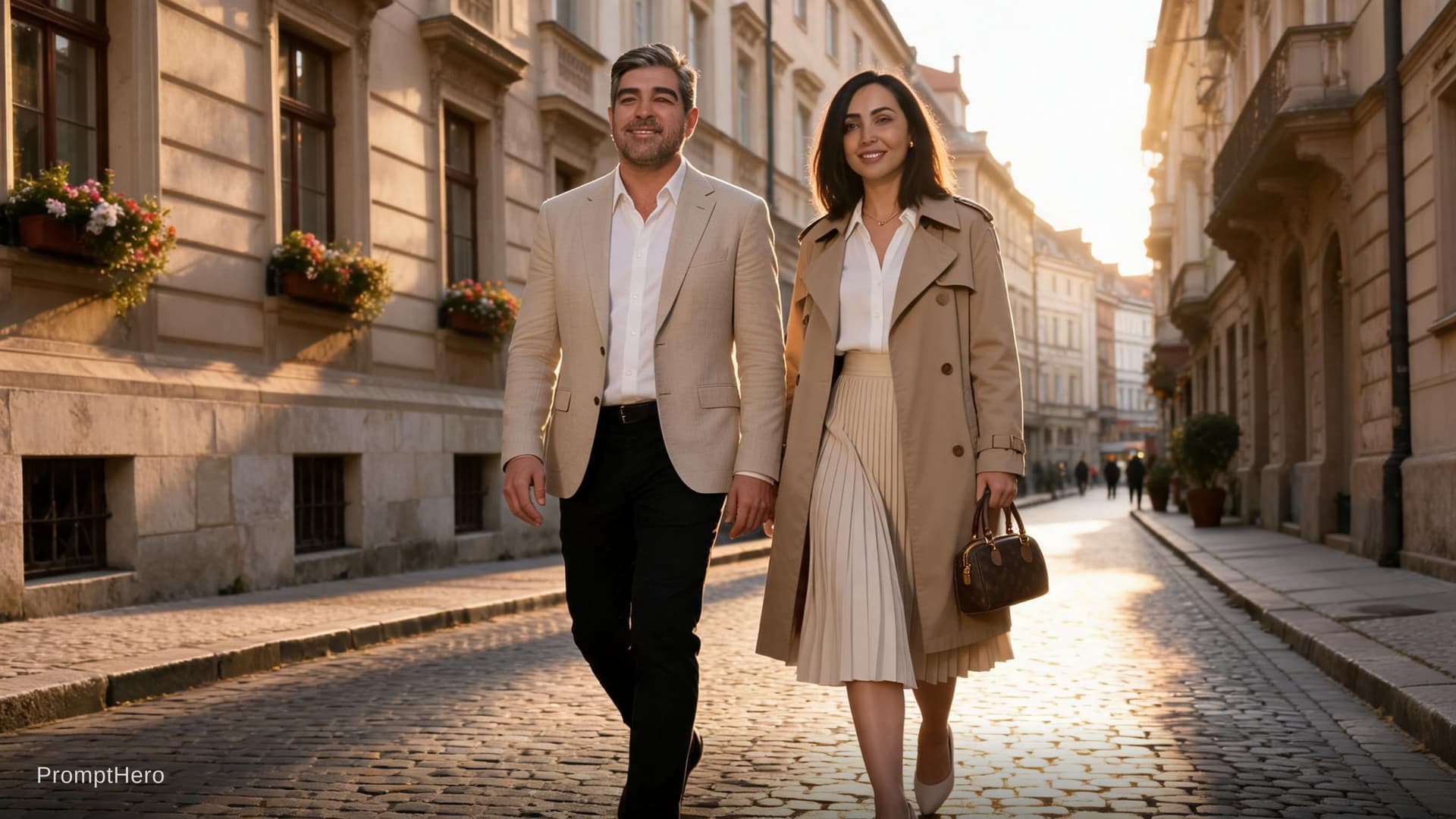 AI generated: A stylish old money couple walking together on an elegant European street at golden hour, the girlfr...