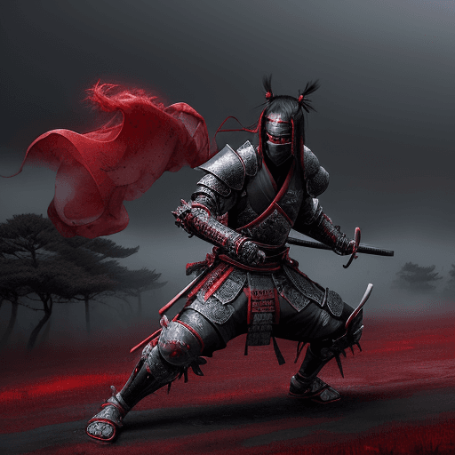 AI generated: a masked mystical samurai in action against enemies with his mystical katana in a grim battle,star d...
