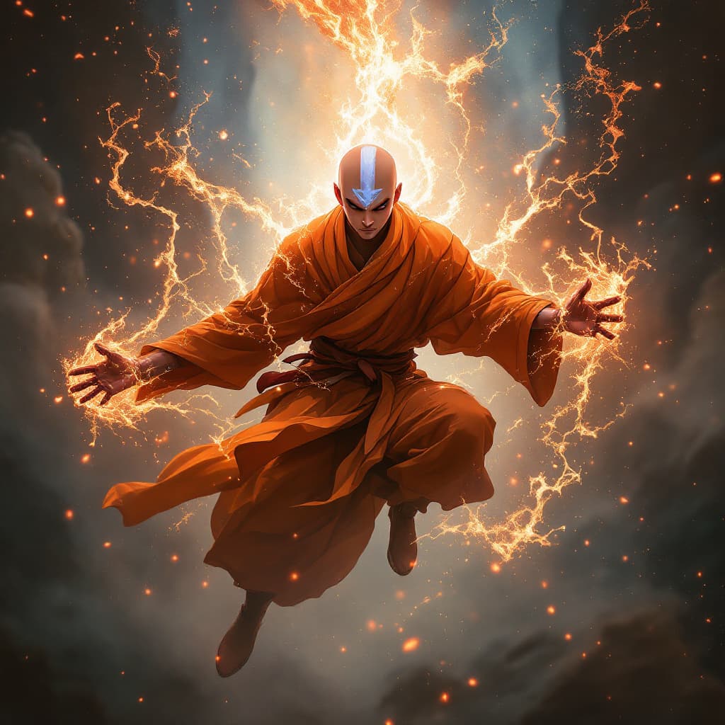 AI generated: avatar aang, the last airbender, in the style of furaffinity, orange robes, red, #vfxfriday, massurr...