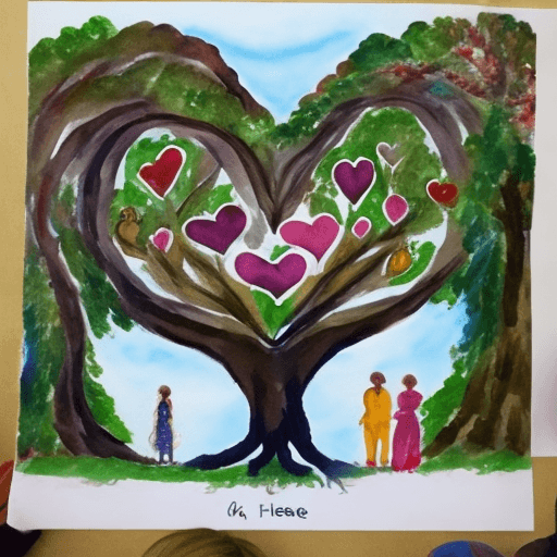AI generated: people team work together to create the heart-shaped tree, the animals around the people, water colo...