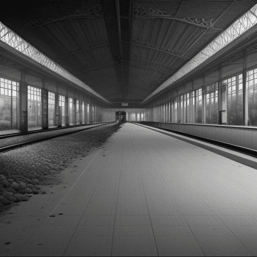 AI generated: A colorless analgamation of empty husks and bodies crawljng through a barren train station