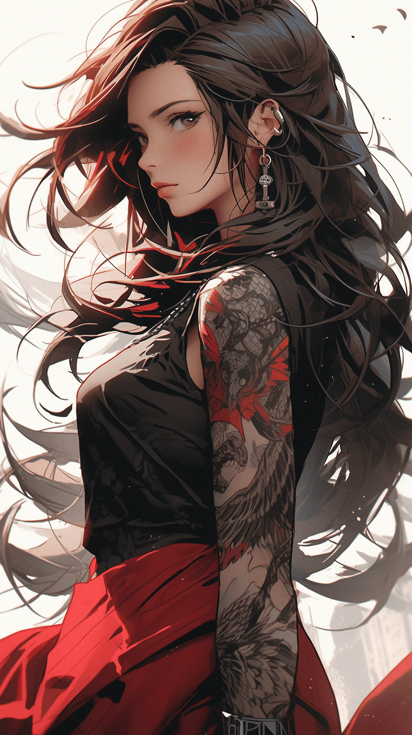 AI generated: a woman with tattoo by ryan lee, in the style of artgerm, animated gifs, guido crepax, flowing fabri...