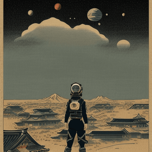 AI generated: japanese ukiyoe painting style, very realstic dramatic stylized game art, a sci-fi stranded space tr...